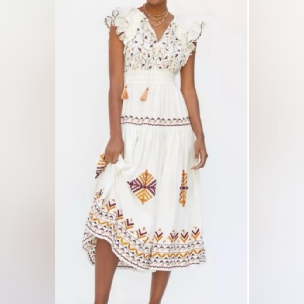 Anthropologie White Midi Dress with Multicolor Embroidery